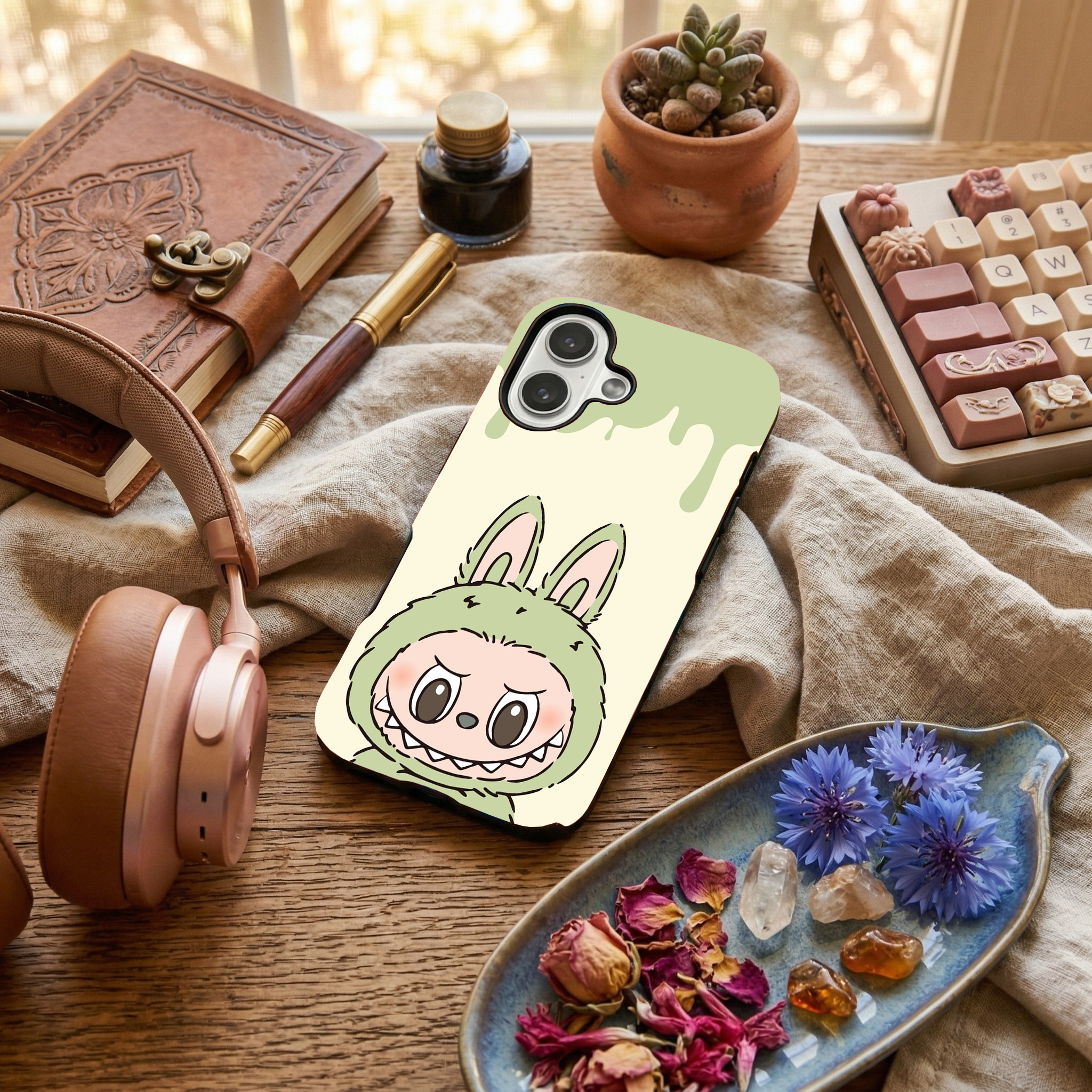 Glossy phone case featuring a cute mint green Labubu monster character in a bunny suit, resting on an aesthetic wooden desk setup.